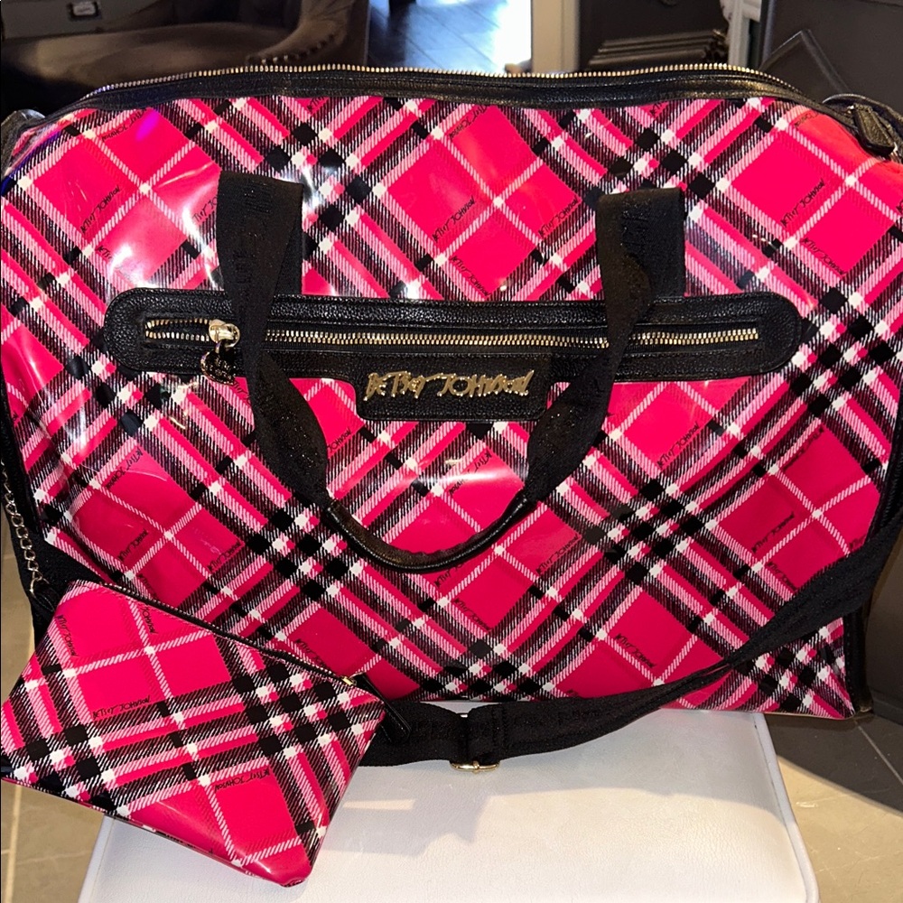 Betsey Johnson Vibrant Pink Plaid Travel Bag Shoulder Strap Carry On EUC